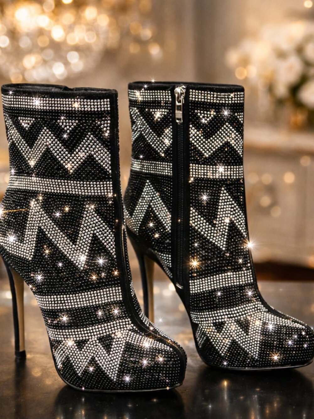 Aldo Black & Silver Rhinestone Booties Crystal Stiletto Ankle Boots Sz 7 Womens